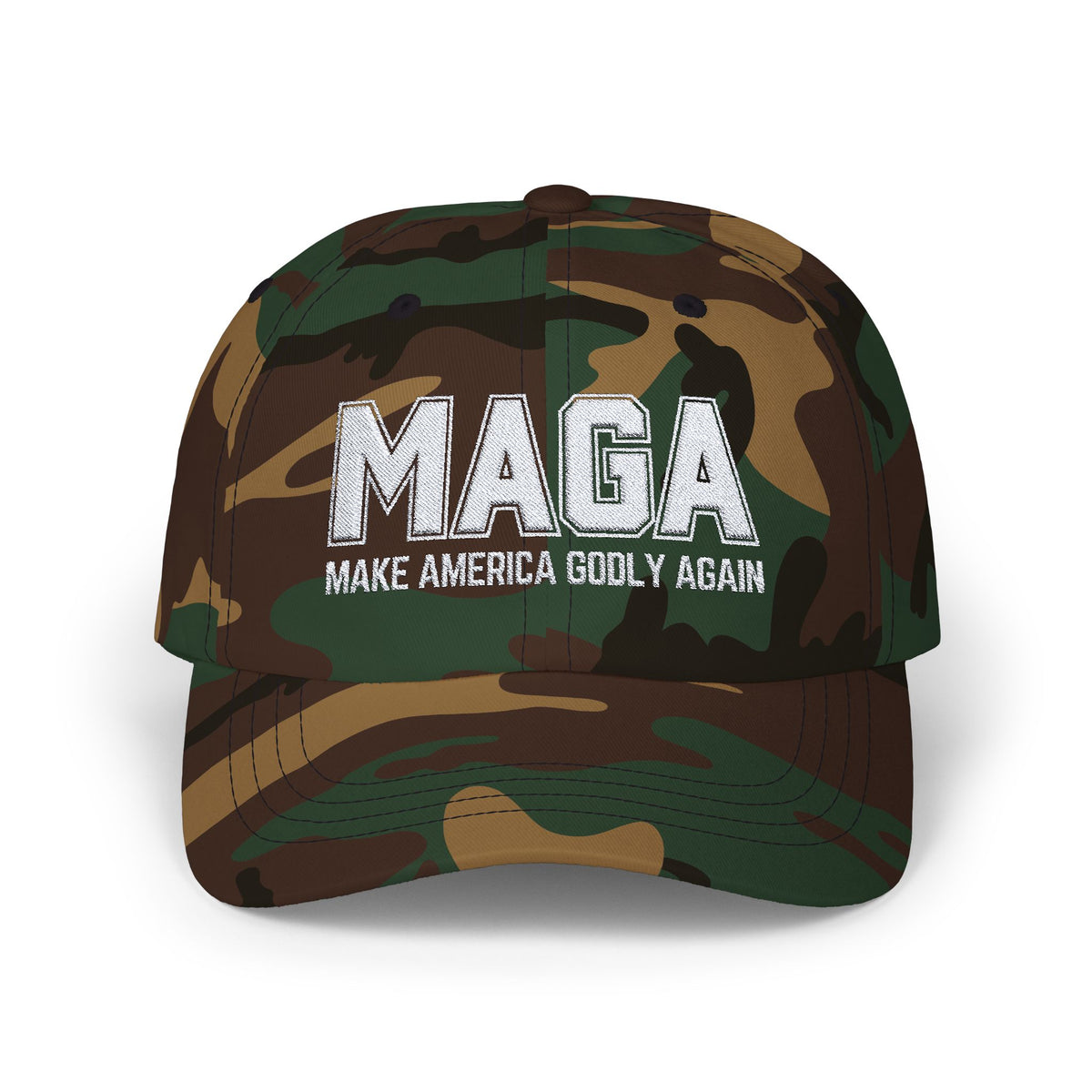 Make America Godly Again Classic Baseball Hat. White Embroidered Design