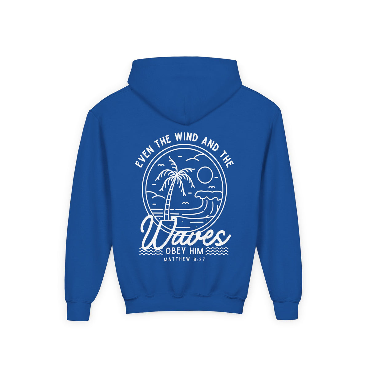 Youth 'Even The Wind And The Waves Obey Him' Bible Verse Hoodie, Beach Vibes Kids Hooded Sweatshirt, Faith-Inspired Teen Hoodie