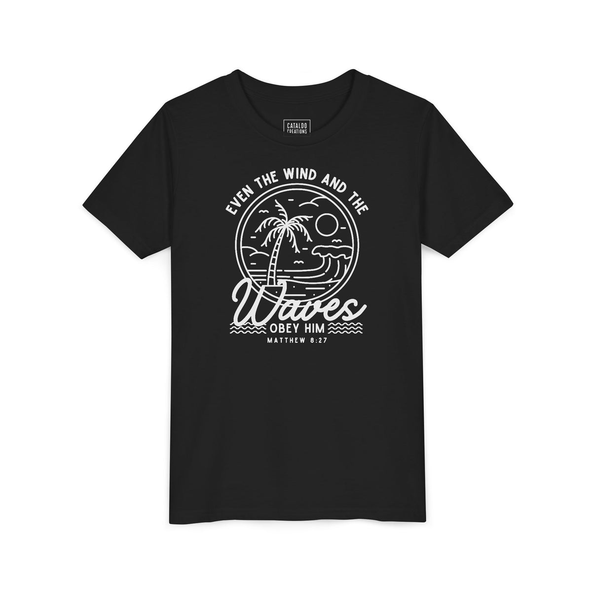 Youth Short Sleeve Tee - 'Even the Wind and the Waves Obey Him' Kids Bible Verse Shirt