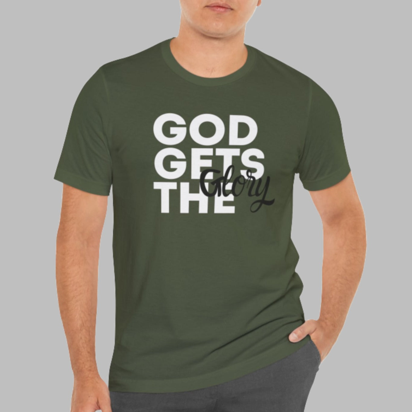 God Gets The Glory! This bold Christian t-shirt has a bold message and is available in many different colors. Grab this Cataldo Creations t-shirt for everyone in the family today!
