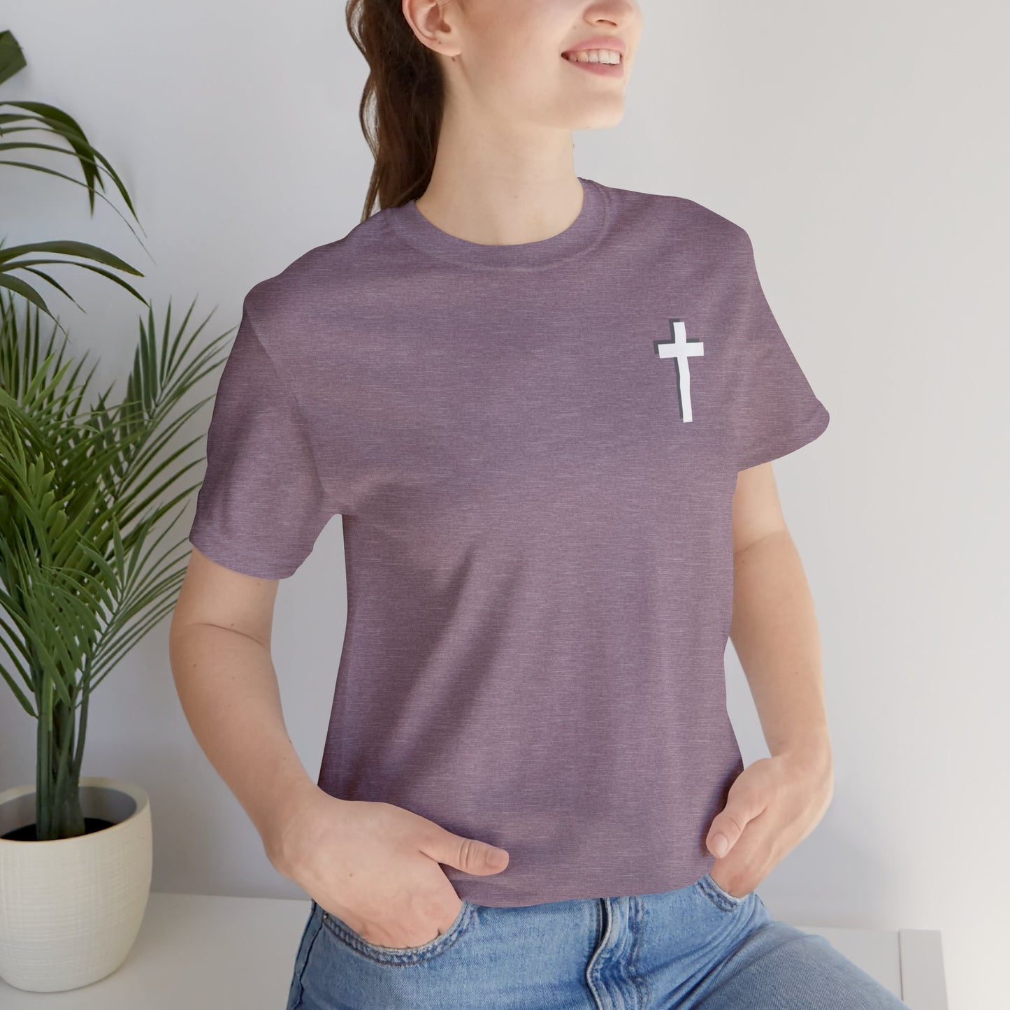 Kingdom Seeker, Faith Walker, Believer, Spiritual Warrior, Watchman, Disciple, Good Servant, Child Of God. This gorgeous Christian crew neck t-shirt has a large faith based design on the back with a cross behind the various names for Children of God. With a subtle cross design on the front, you can wear your faith boldly with this Cataldo Creations short sleeve tee!