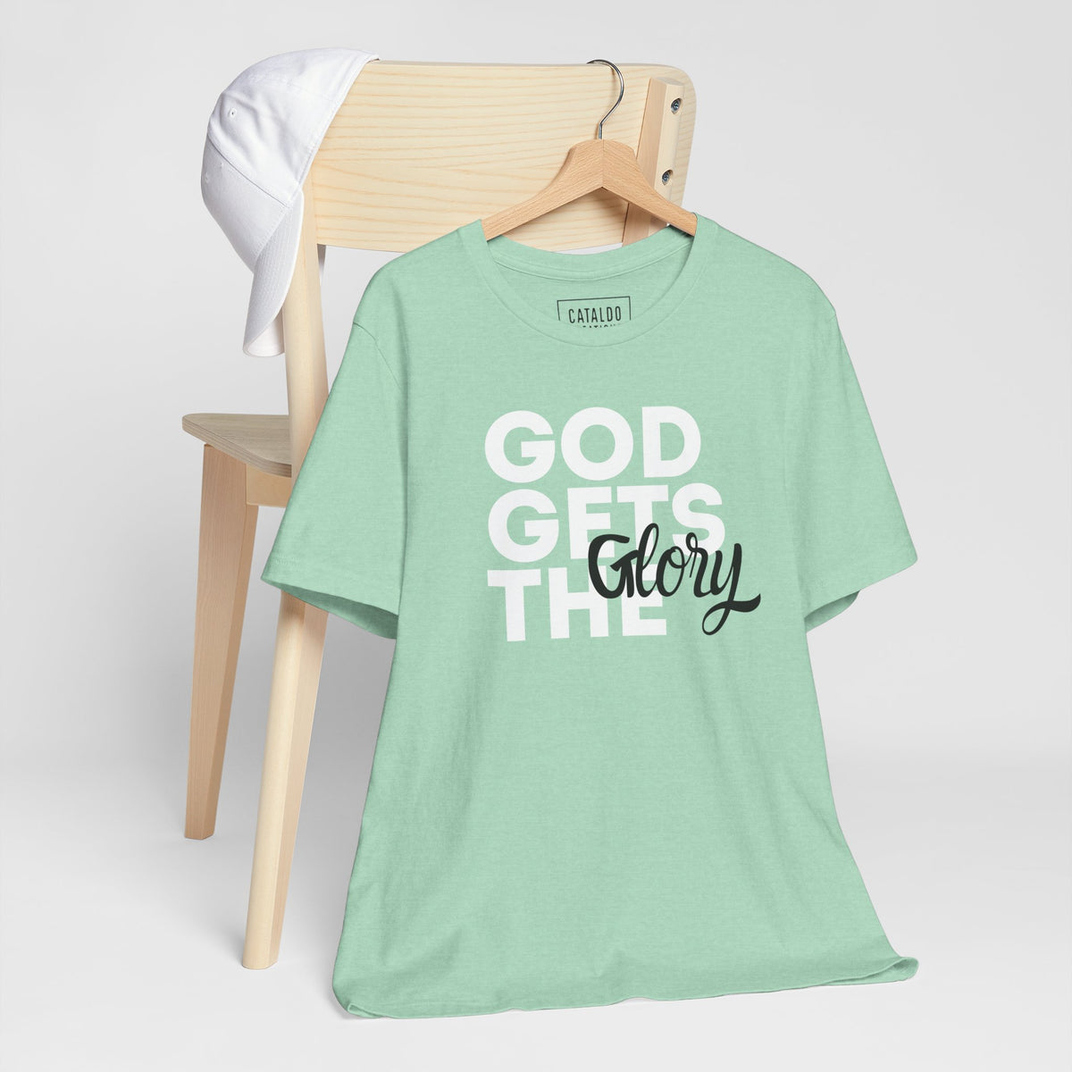 God Gets The Glory! This bold Christian t-shirt has a bold message and is available in many different colors. Grab this Cataldo Creations t-shirt for everyone in the family today!