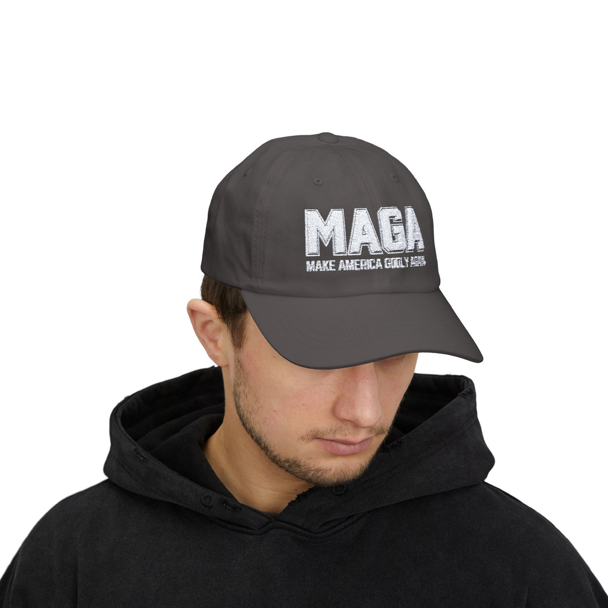 Make America Godly Again Classic Baseball Hat. White Embroidered Design
