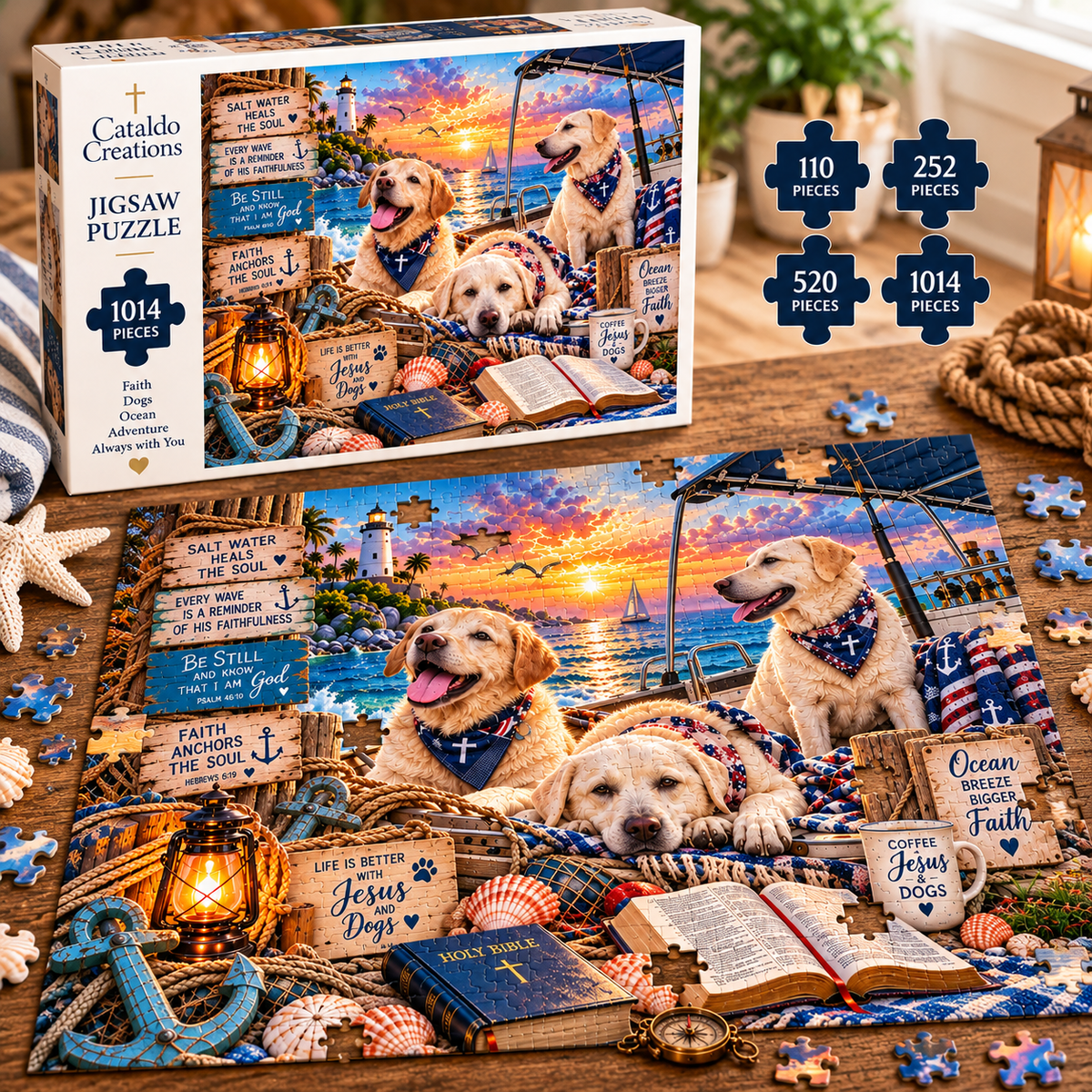 Christian Labrador Retriever jigsaw puzzle featuring three dogs on a boat at sunset with Bible verses, lighthouse, and coastal artwork