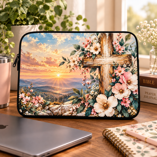 Watercolor Floral Cross Laptop Sleeve – Christian Laptop Case for Women | 12", 13" & 15"