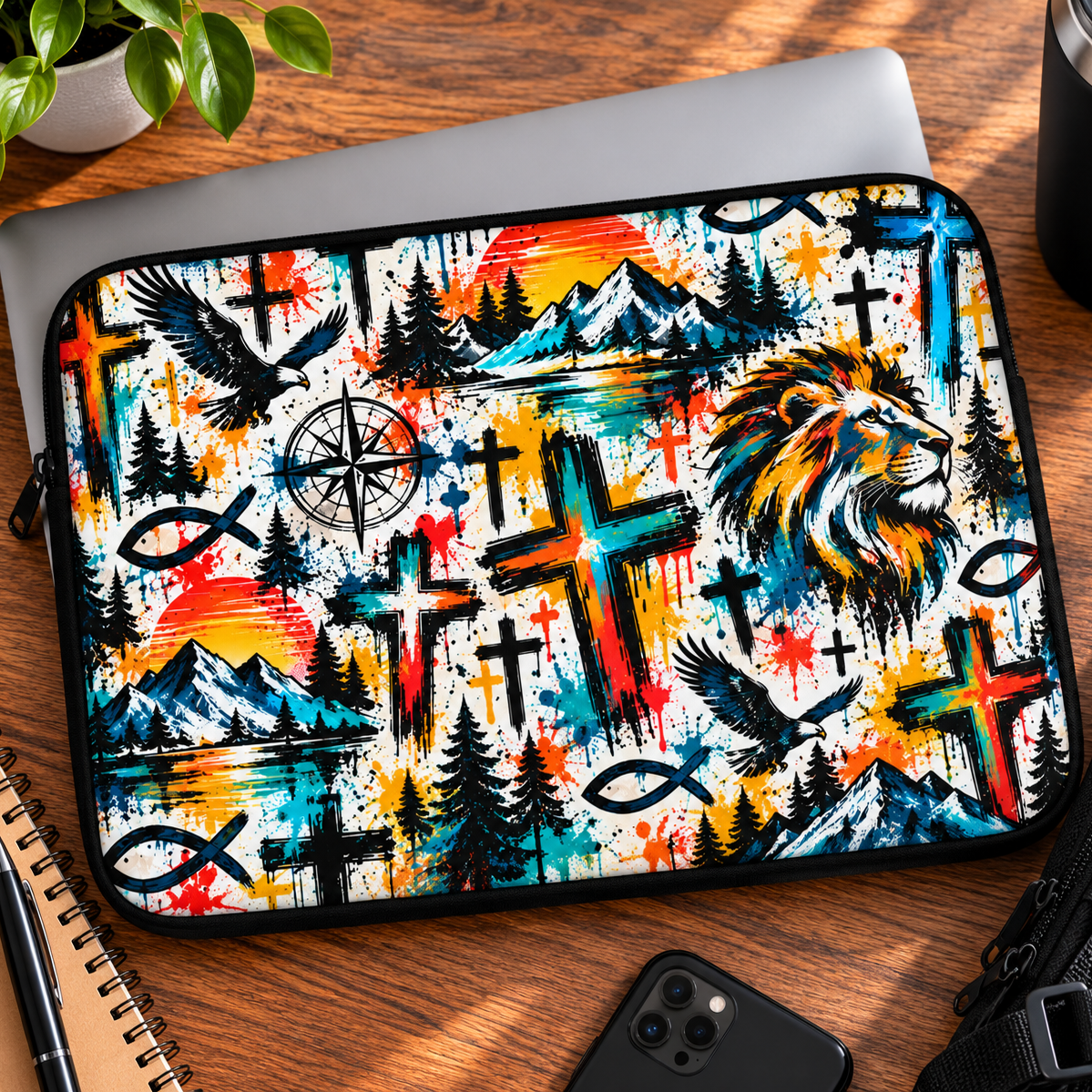 Colorful Christian graffiti laptop sleeve featuring a lion, crosses, eagles, mountains, and Christian fish symbols in vibrant blue, orange, yellow, and black.