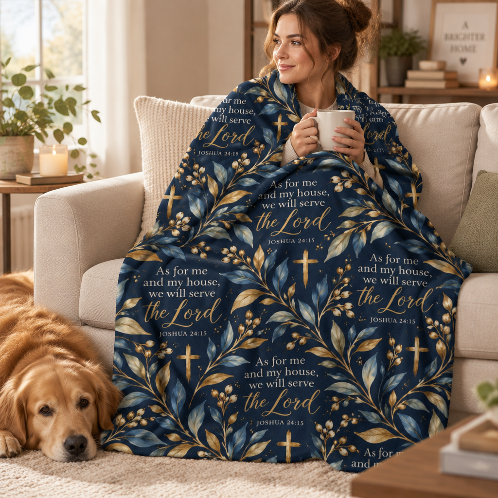 Joshua 24:15 Christian sherpa blanket design featuring As for Me and My House Scripture lettering, gold crosses, and blue and gold botanical leaves on navy.