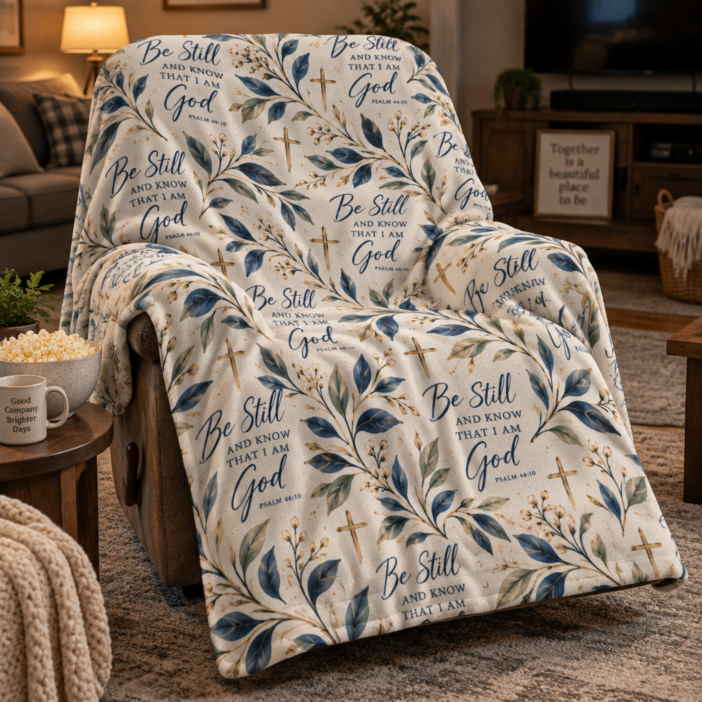 Be Still and Know Psalm 46:10 Christian sherpa blanket design featuring navy Scripture lettering, watercolor botanical leaves, gold crosses and an ivory background.
