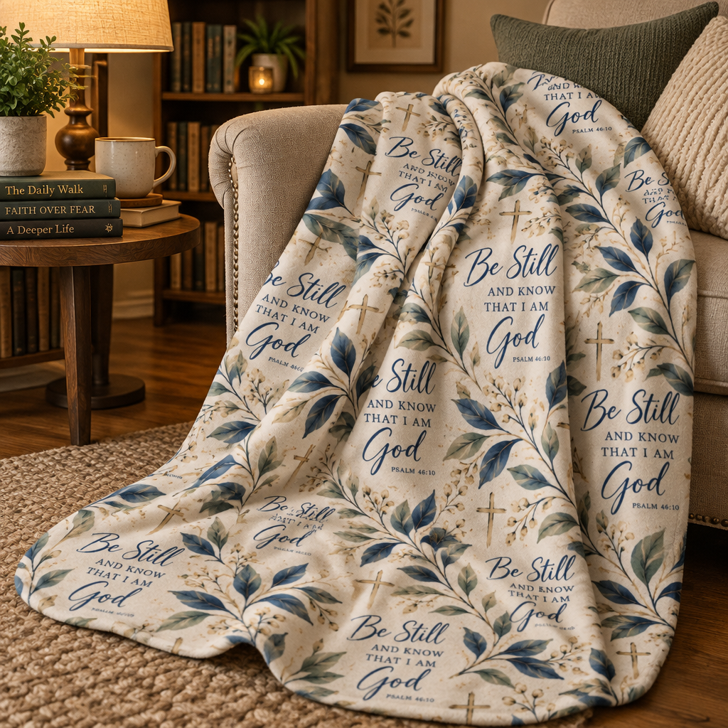 Be Still and Know Psalm 46:10 Christian sherpa blanket design featuring navy Scripture lettering, watercolor botanical leaves, gold crosses and an ivory background.