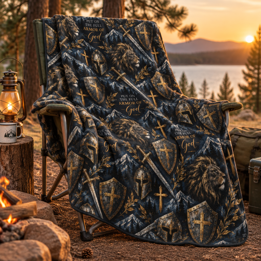 Armor of God Christian sherpa blanket featuring Ephesians 6:11, lions, medieval swords, shields, helmets, and gold crosses on a dark navy background.