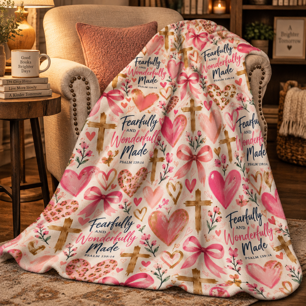 Psalm 139:14 Christian fleece blanket with colorful pink hearts and Scripture design on the front and soft, plush sherpa backing.