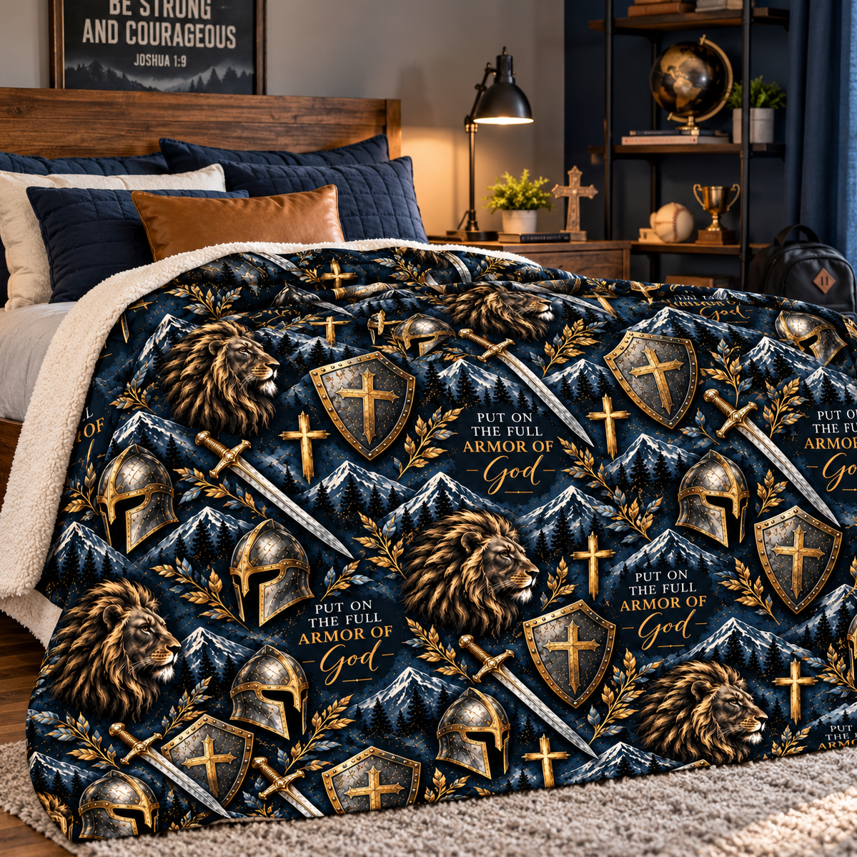 Armor of God Christian sherpa blanket featuring Ephesians 6:11, lions, medieval swords, shields, helmets, and gold crosses on a dark navy background.