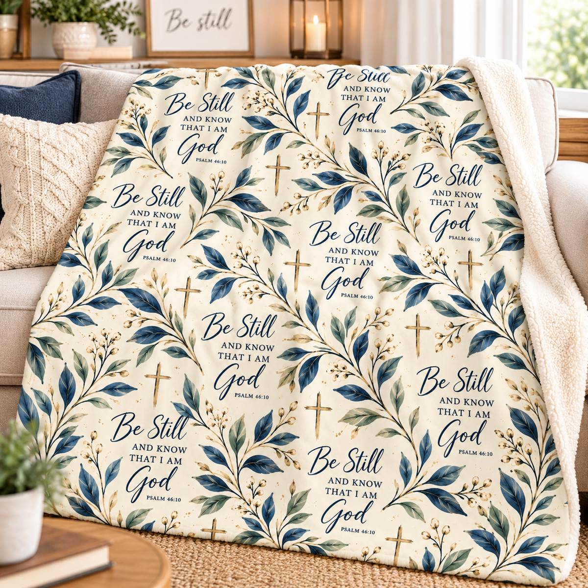 Be Still and Know Psalm 46:10 Christian sherpa blanket design featuring navy Scripture lettering, watercolor botanical leaves, gold crosses and an ivory background.