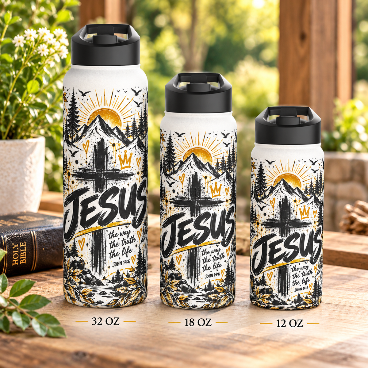 Jesus Christian insulated stainless steel water bottle with bold black, white and gold graffiti artwork, cross, mountains, pine trees and John 14:6 Scripture design.