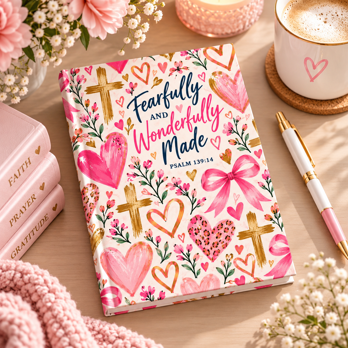 Fearfully and Wonderfully Made Christian hardcover journal for girls featuring Psalm 139:14 with pink hearts, bows, flowers and gold crosses.
