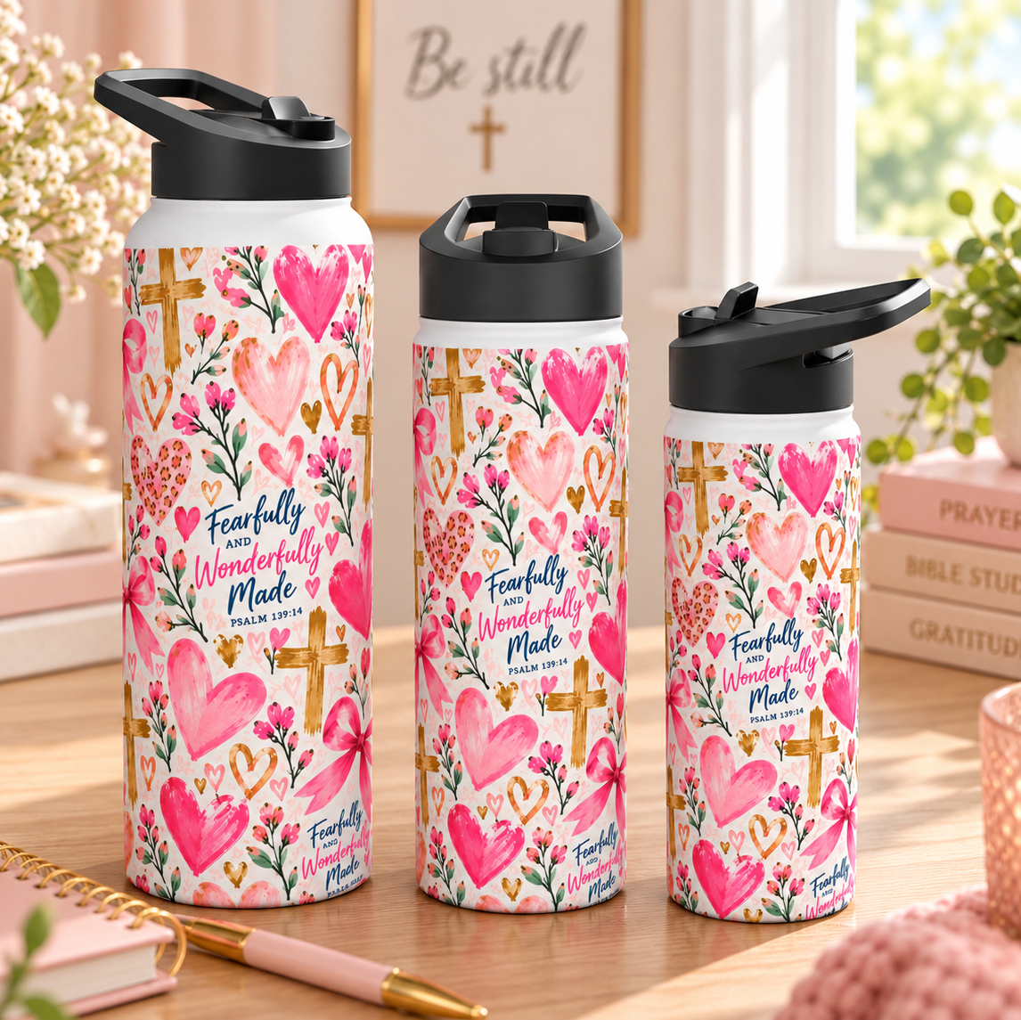 Fearfully and Wonderfully Made Christian insulated water bottle for girls featuring Psalm 139:14, pink hearts, bows, flowers, and gold crosses.