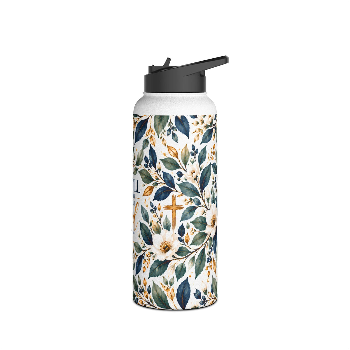 Be Still and Know Psalm 46:10 Christian insulated stainless steel water bottle featuring navy blue, sage green, and gold watercolor botanical artwork.