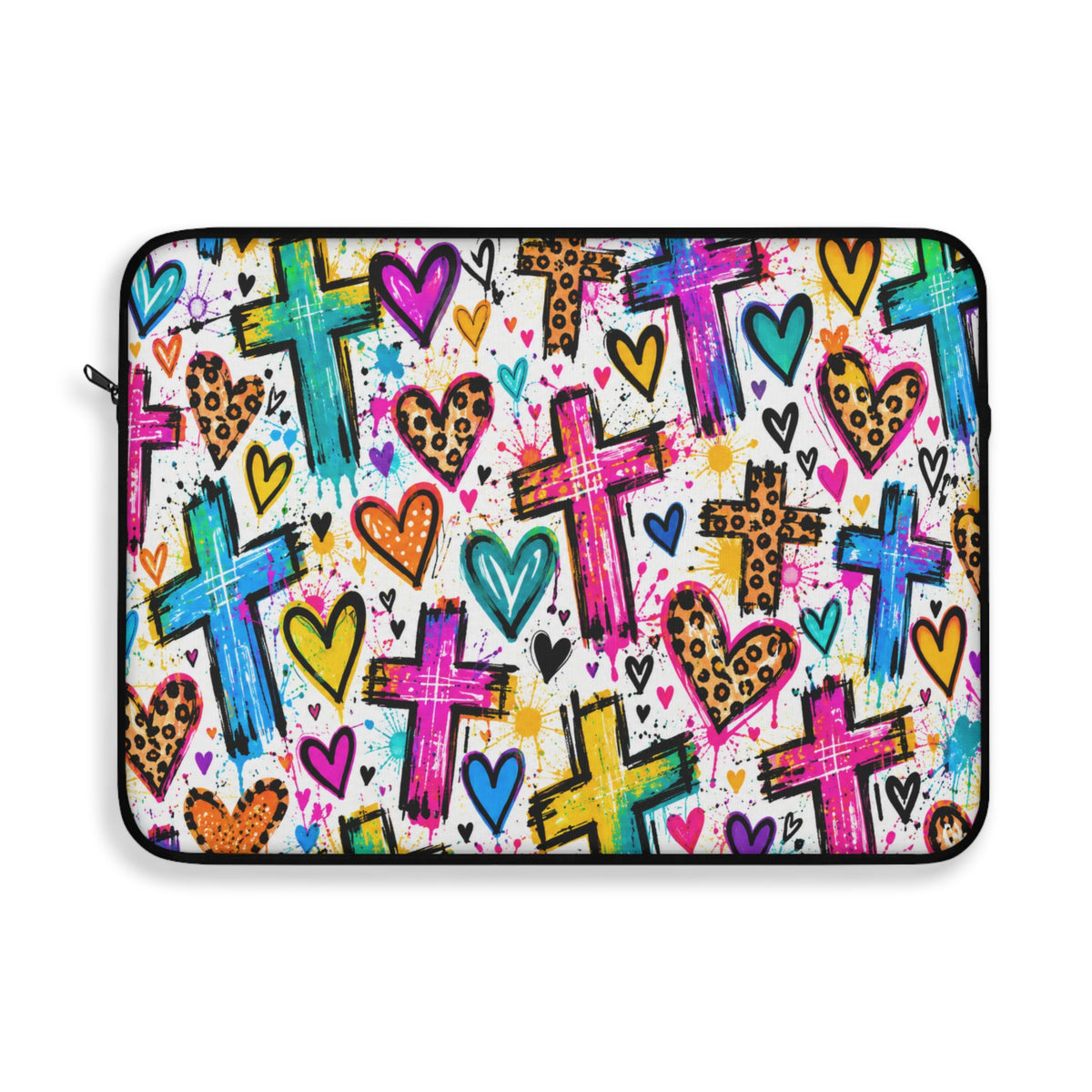 Colorful Christian laptop sleeve featuring bright graffiti-style crosses, pink and turquoise hearts, leopard-print accents, and vibrant paint splatters with black zipper trim.