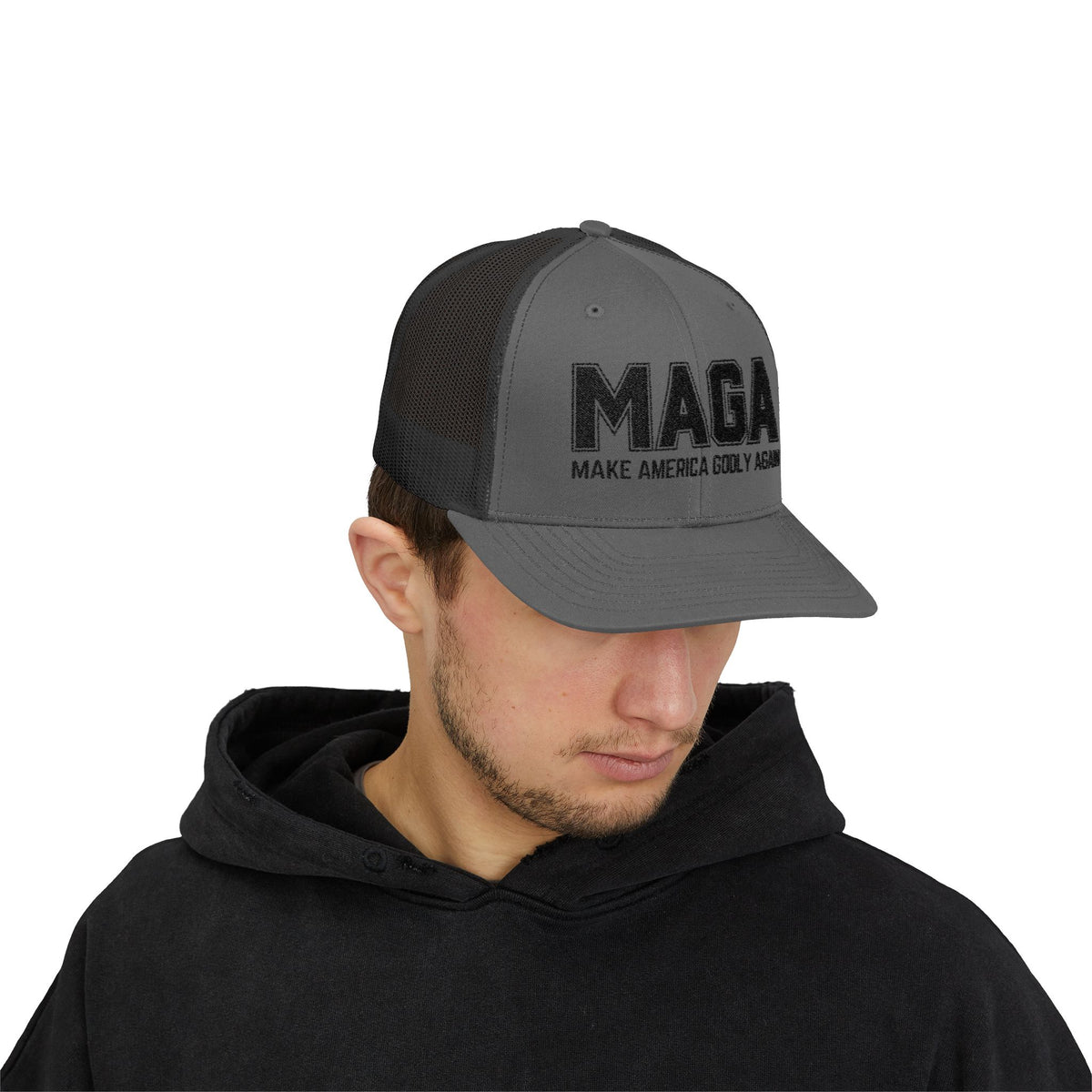 Make America GODLY Again Snapback Trucker Cap. Black Embroidered Hat