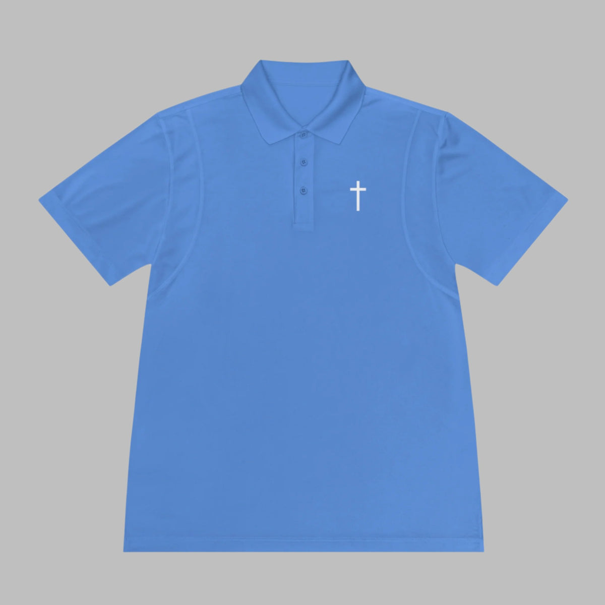 Meet the Cataldo Creations Cross Golf Polo for men. This lightweight, fast drying athletic polo is a perfect conversation starter on the course. With a small cross on the front chest, this design is simple and timeless. Christian golfer. Christian athletic apparel. Faith based apparel.
