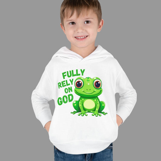 Fully Rely on God Toddler Hoodie - Adorable Frog Design, Christian Toddler Hoodies For Boys and Girls