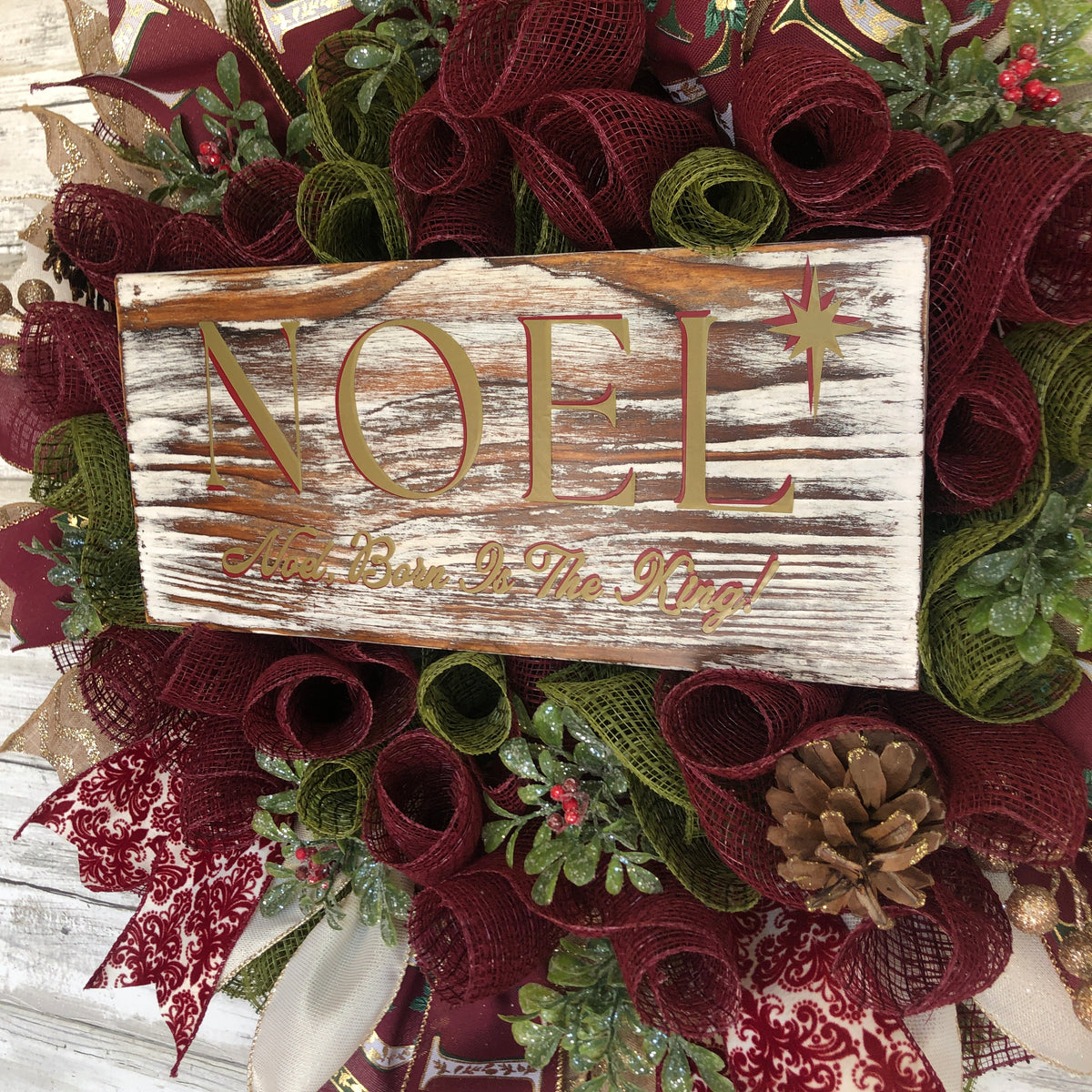 Burgundy Christmas Door Wreath. Noel, Born Is The King Wreath