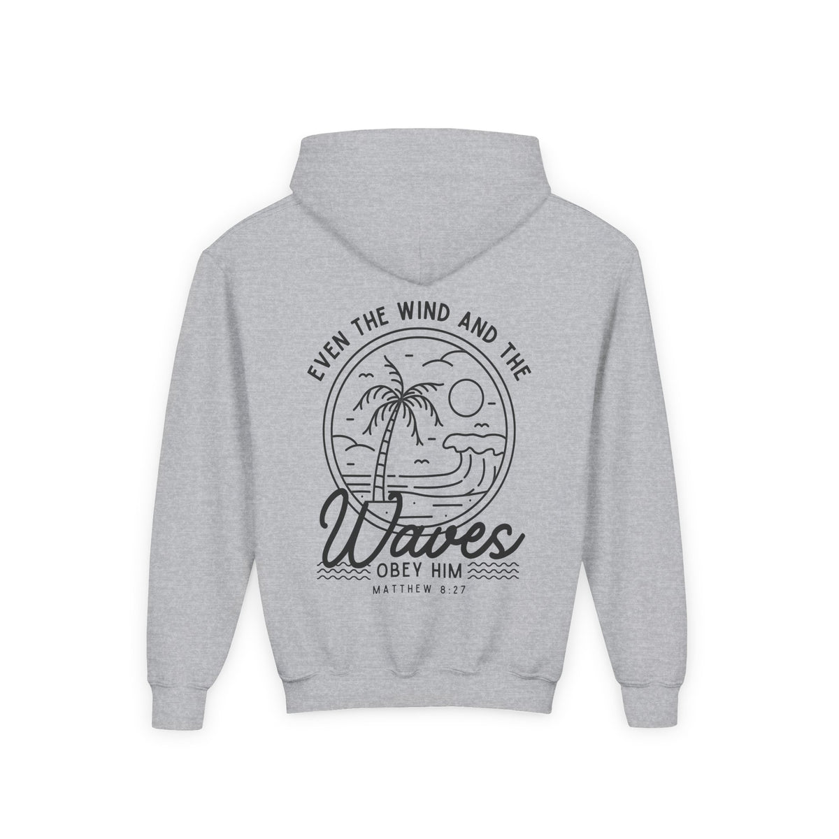 Youth 'Even The Wind And The Waves Obey Him' Bible Verse Hoodie, Beach Vibes Kids Hooded Sweatshirt, Faith-Inspired Teen Hoodie