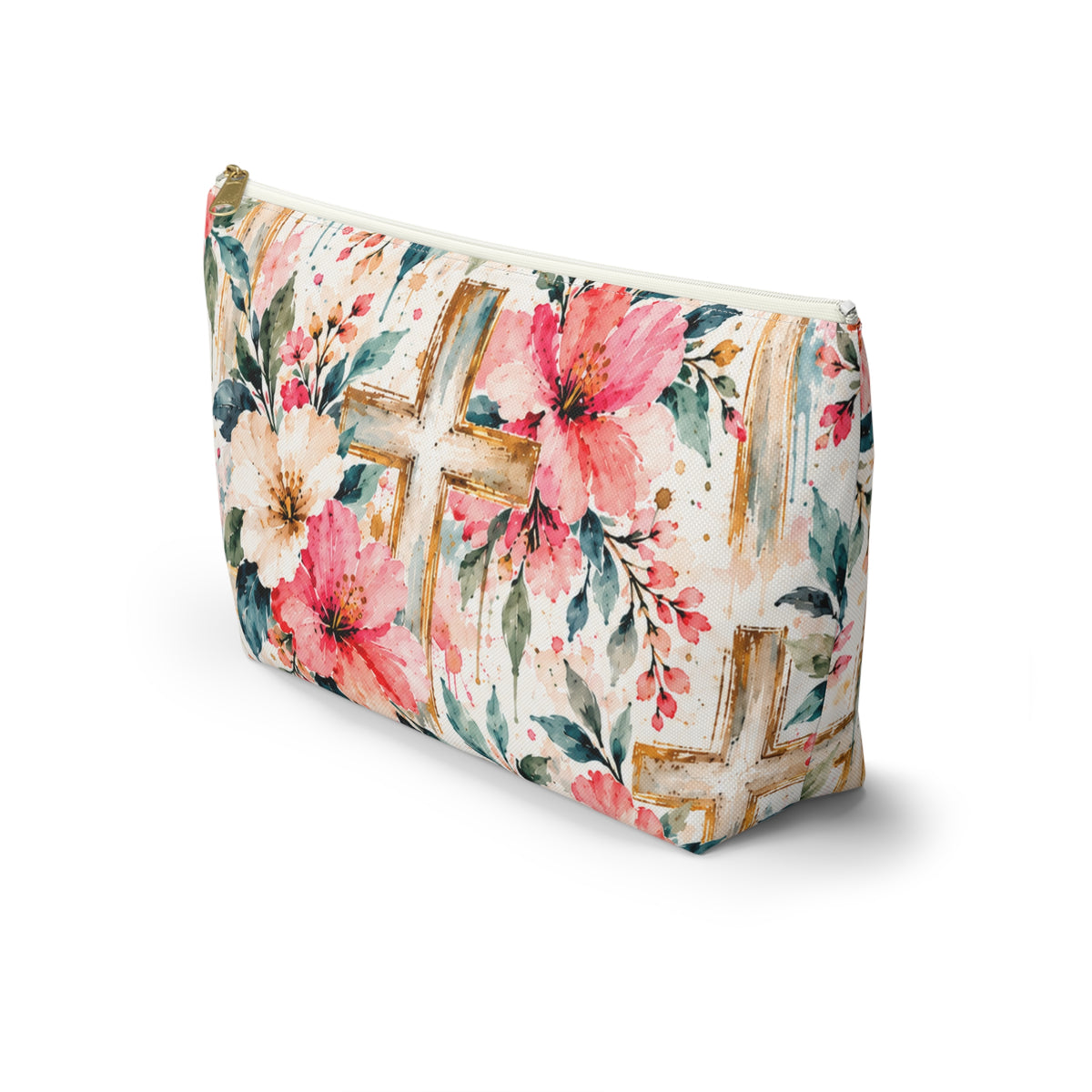 Watercolor Floral Cross Makeup Bag – Christian Cosmetic & Accessory Pouch | Small & Large