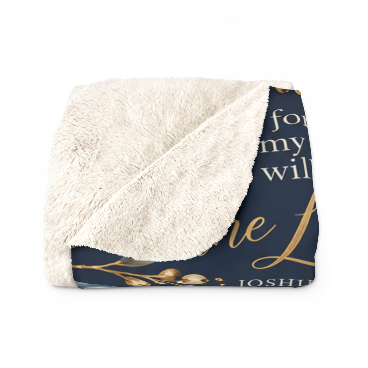 As for Me and My House Christian sherpa blanket with navy and gold Joshua 24:15 botanical print and soft plush sherpa backing.