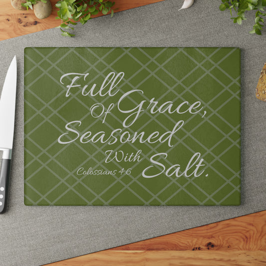 Olive Green Bible Verse Glass Cutting Board. Full Of Grace, Seasoned With Salt. Christian kitchenware. Christian Home decor.