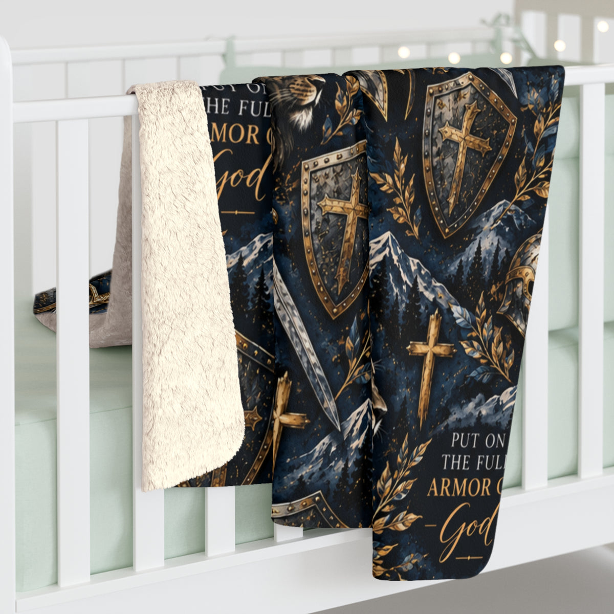 Armor of God Christian sherpa blanket featuring Ephesians 6:11, lions, medieval swords, shields, helmets, and gold crosses on a dark navy background.