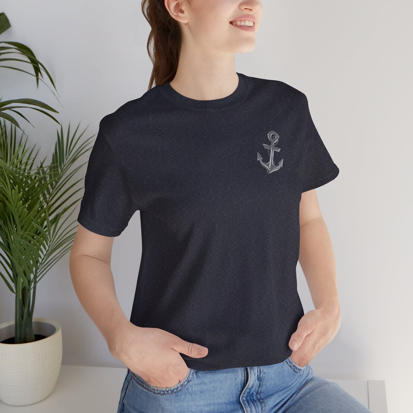 We have this hope as an anchor for the soul, firm and secure. Hebrews 6:19. This nautical Christian crewneck tee features a small anchor on the front with a large anchor and the Hebrews 6:19 bible verse in decorative font down the back. Cataldo Creations Christian Clothing, Christian T-Shirt, Christian Apparel. Bible Verse And Scripture Tees