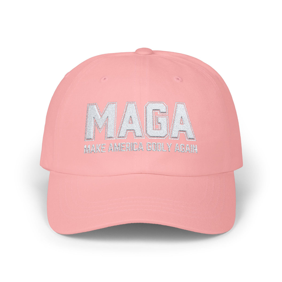 Make America Godly Again Classic Baseball Hat. White Embroidered Design