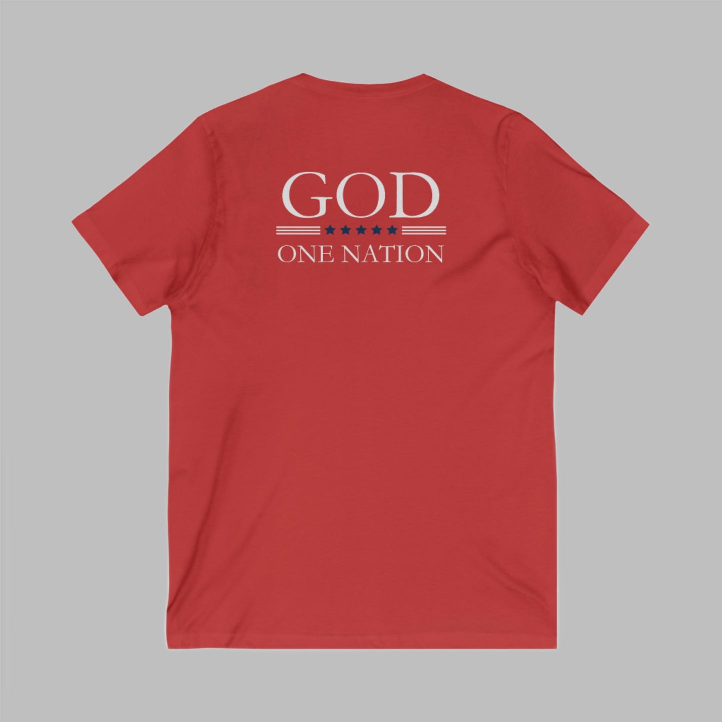 One Nation Under God, 1776 Patriotic v-neck tee for men and women. This Cataldo Creations patriot t-shirt has 1776 on the front chest pocket area and One Nation Under God on the back. Show your patriotism with this American Patriot short sleeve vneck tee.
