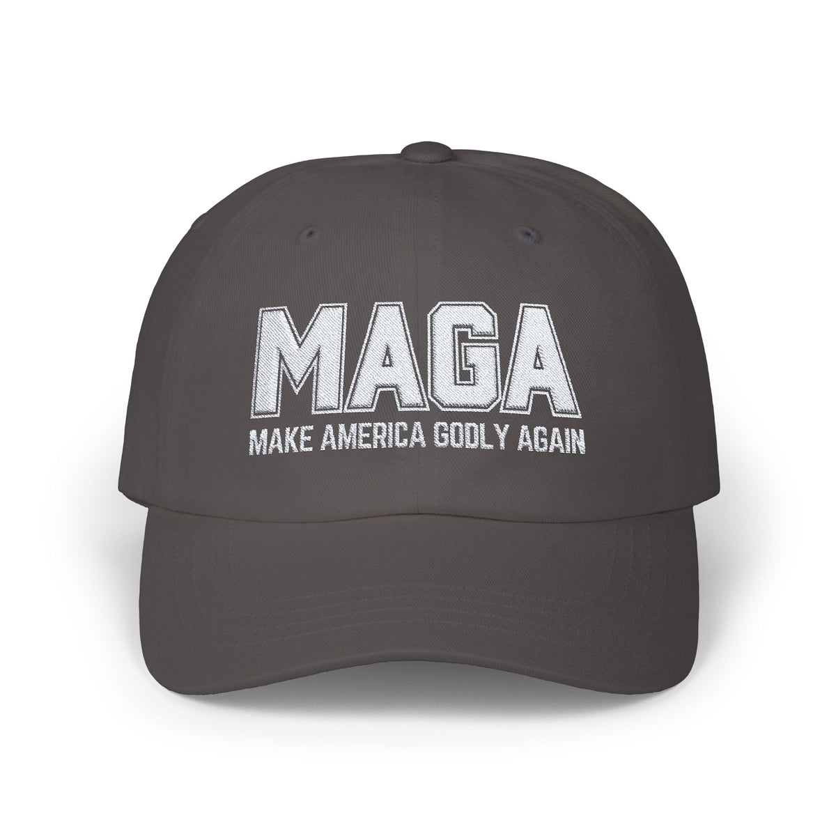 Make America Godly Again Classic Baseball Hat. White Embroidered Design