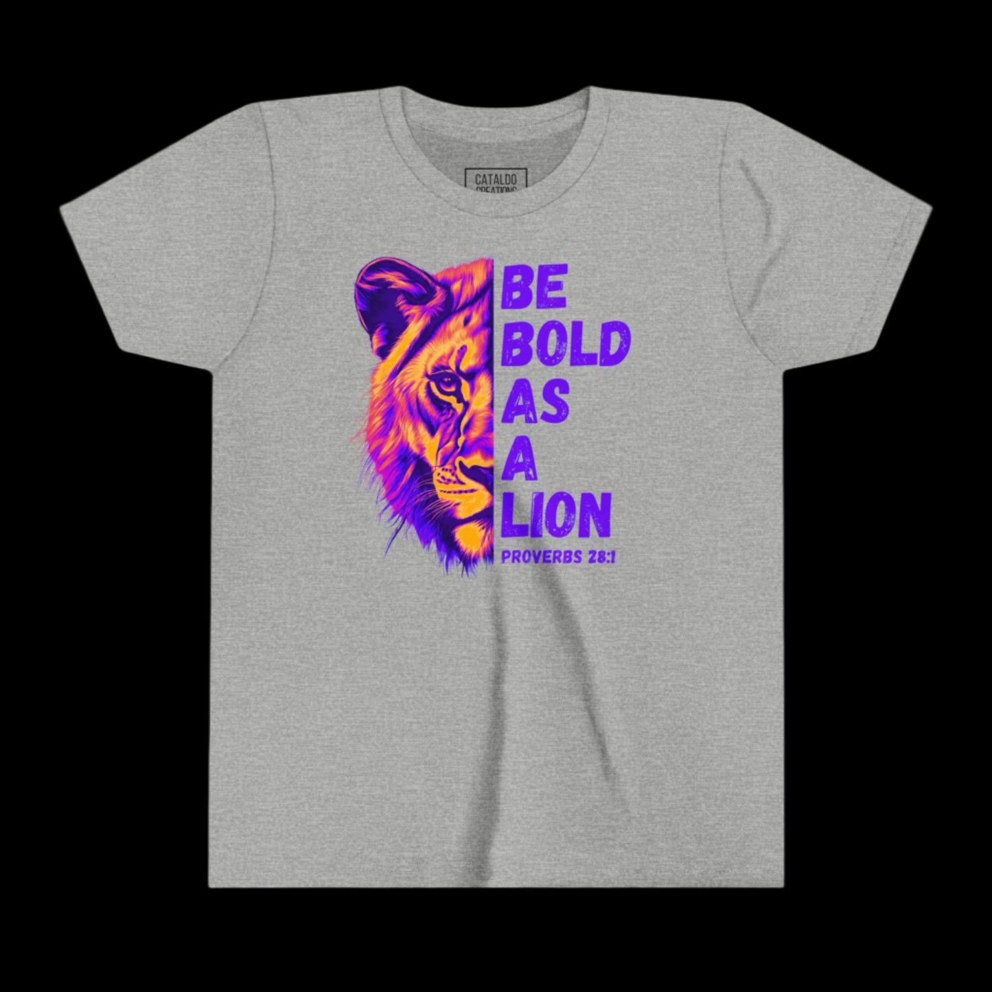 Kids Be Bold As A Lion Bible Verse Short Sleeve Tee. Purple Design
