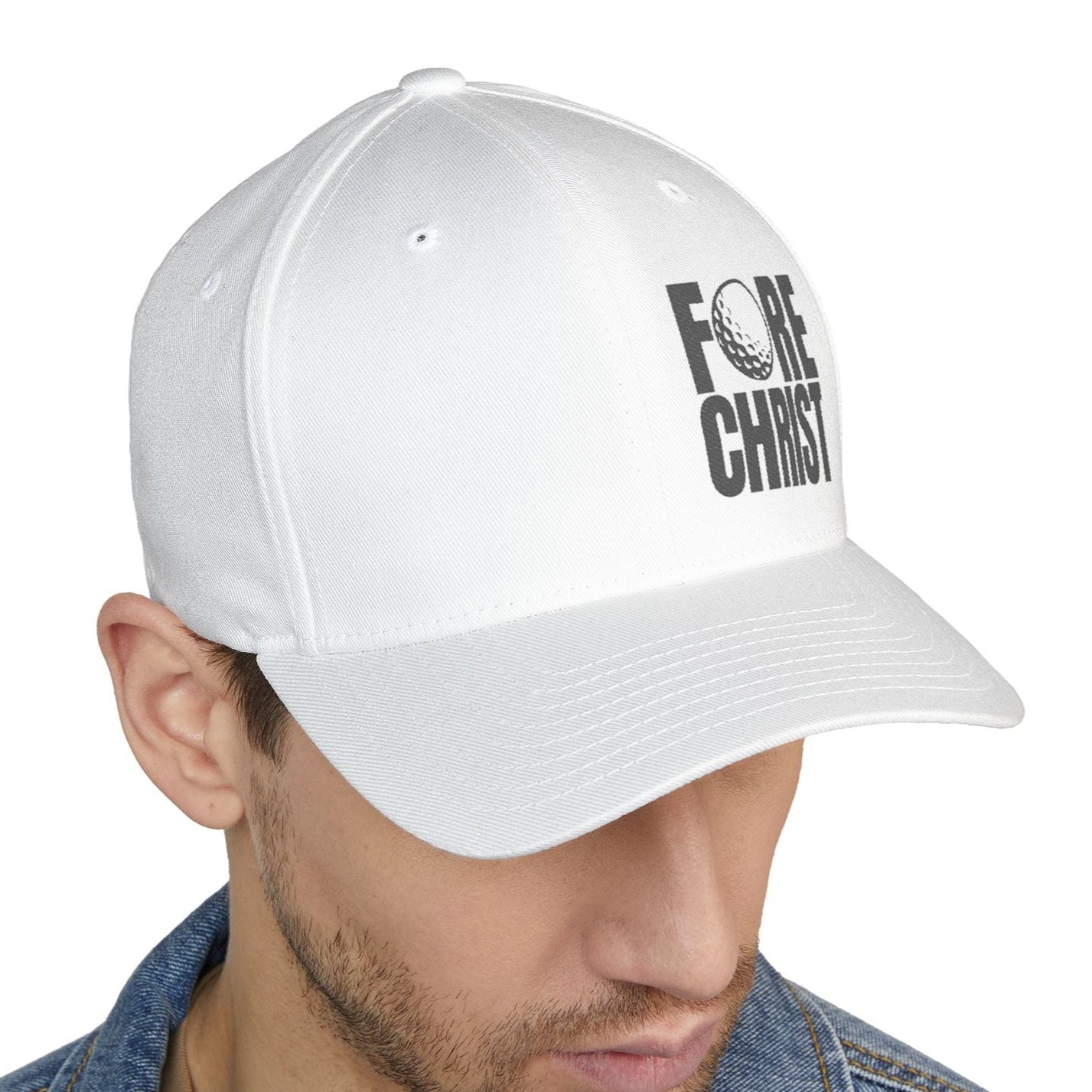 Fore Christ Embroidered Golf Cap - Faith-Inspired Closed-Back Hat.