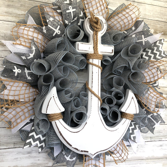 Nautical Anchor Door wreath. Anchors Away! This grey and white door wreath has a timeless and classy look for any home. Handmade Door Wreath. Made in the USA.