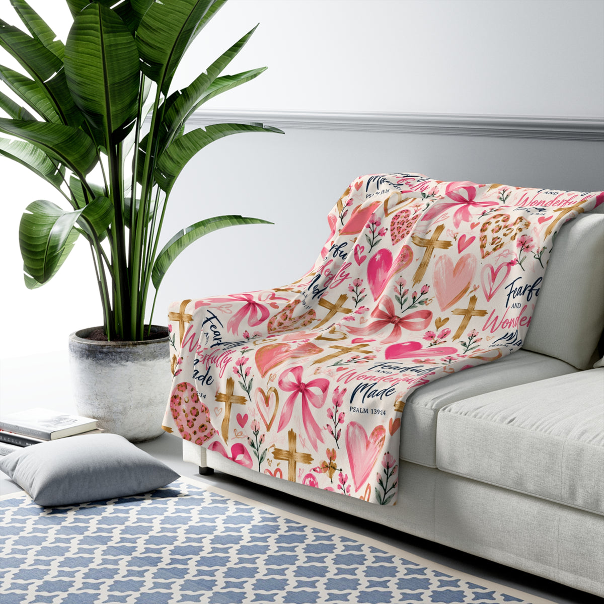 Fearfully and Wonderfully Made Christian sherpa blanket featuring Psalm 139:14, pink hearts, bows, gold crosses, and floral accents on a cream background.