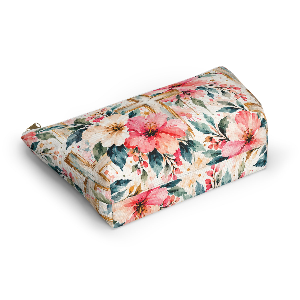 Watercolor Floral Cross Makeup Bag – Christian Cosmetic & Accessory Pouch | Small & Large