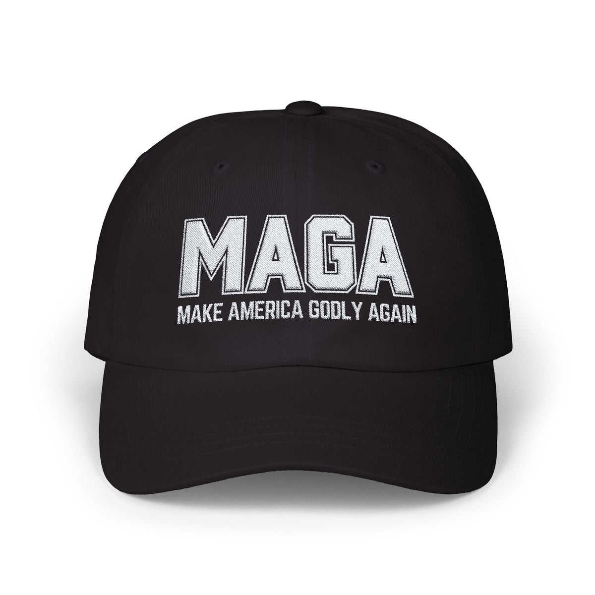 Make America Godly Again Classic Baseball Hat. White Embroidered Design