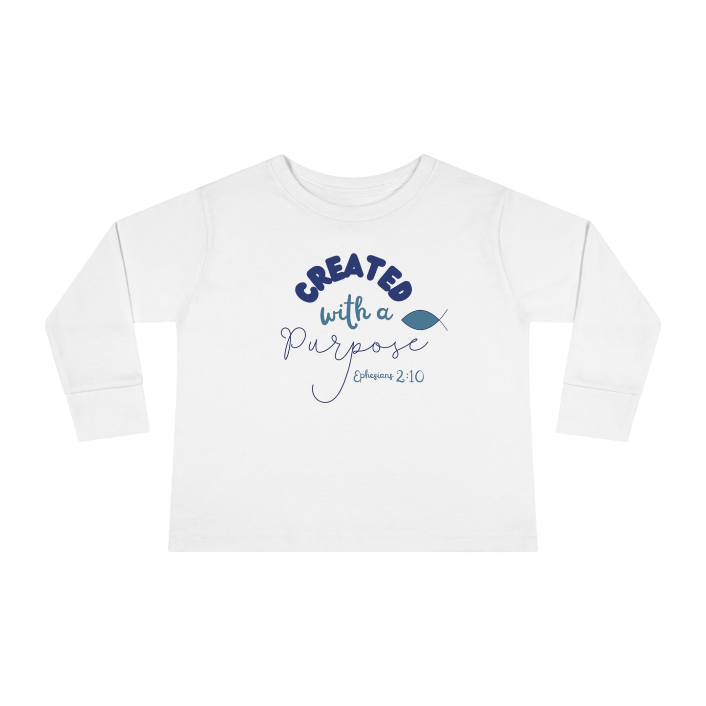 Christian Toddler Boy Created With A Purpose Christian Bible Verse Long Sleeve Tee. Jesus Fish tee