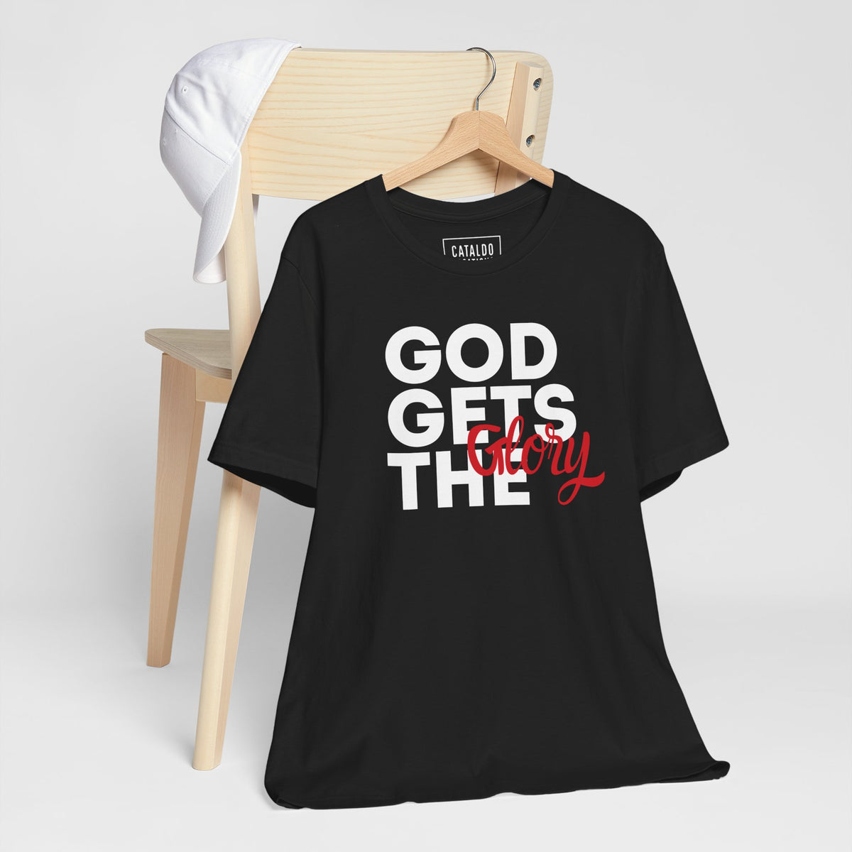 God Gets The Glory! This bold Christian t-shirt has a bold message and is available in many different colors. Grab this Cataldo Creations t-shirt for everyone in the family today!