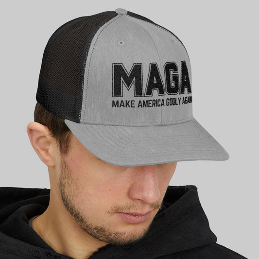 Make America GODLY Again Snapback Trucker Cap. Black Embroidered Hat