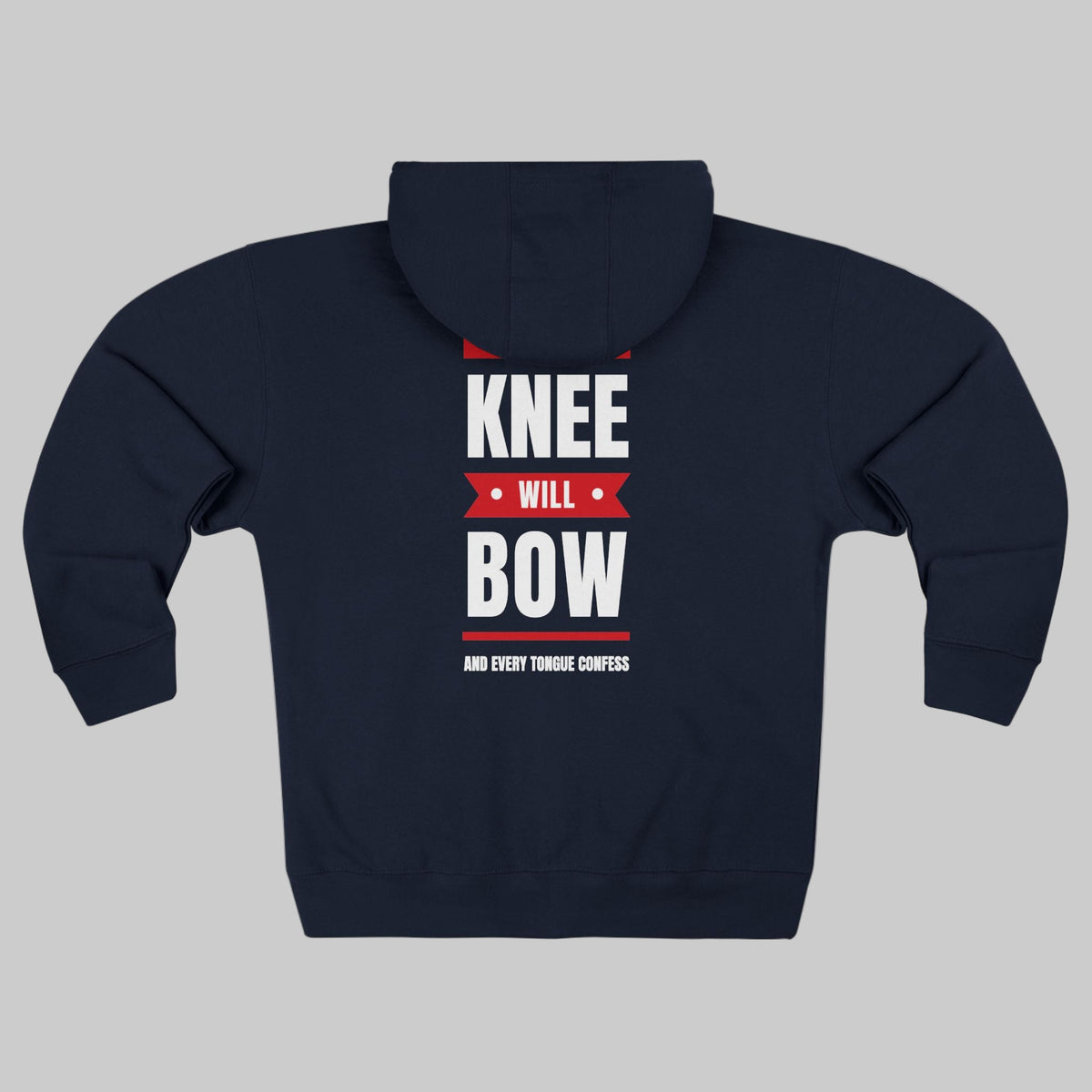 Navy blue hoodie with text 'Knee Will Bow' on the back against a white background