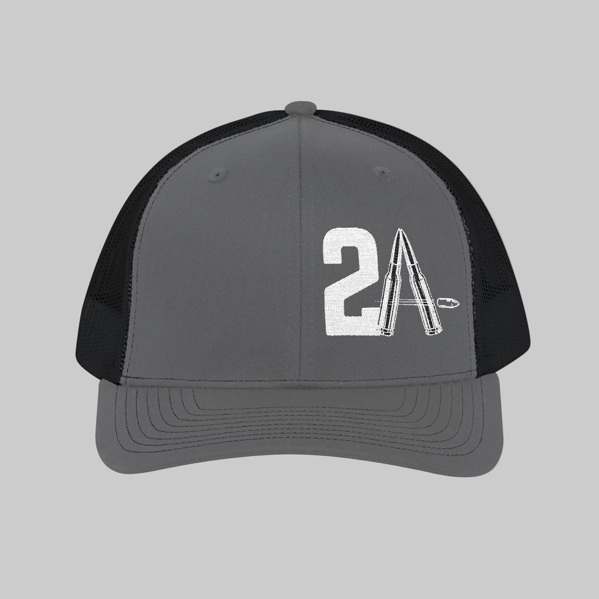 Gray and black trucker cap with 2A and bullet graphic on a white background