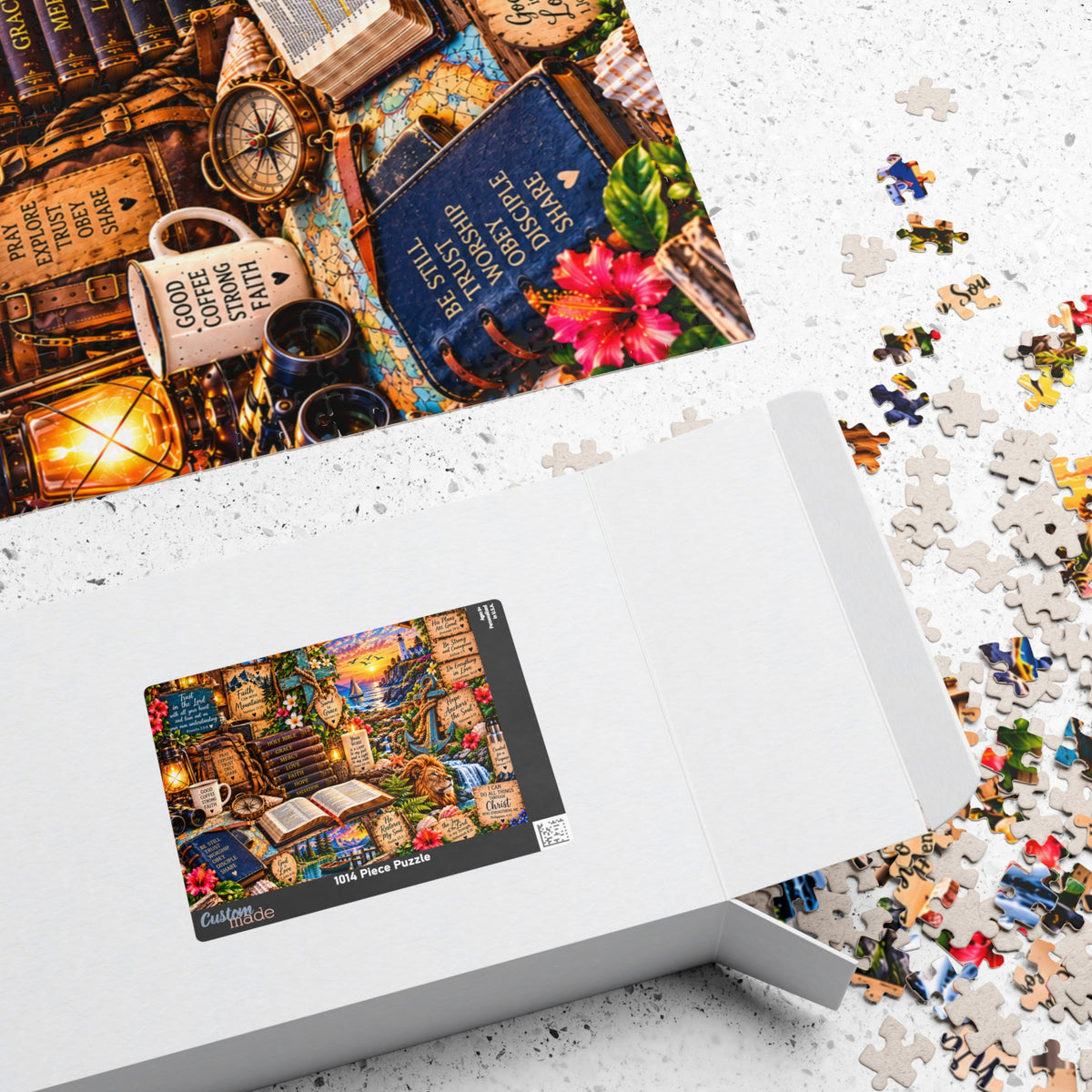 Christian Bible verse jigsaw puzzle featuring Scripture promises, an open Bible, wooden cross, lion, lighthouse, coastal sunset, mountain scenery, and faith-inspired artwork.
