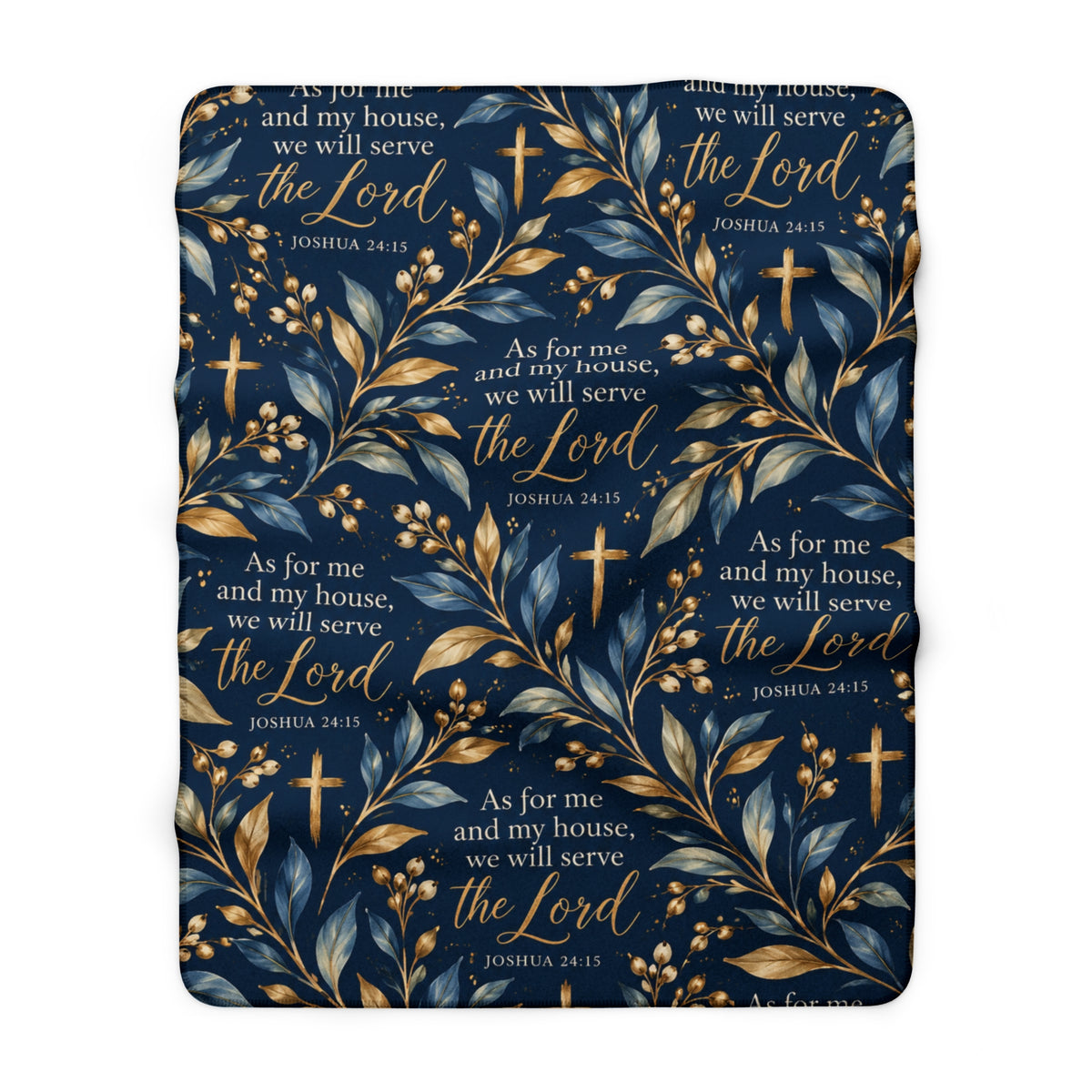 Joshua 24:15 Christian sherpa blanket design featuring As for Me and My House Scripture lettering, gold crosses, and blue and gold botanical leaves on navy.