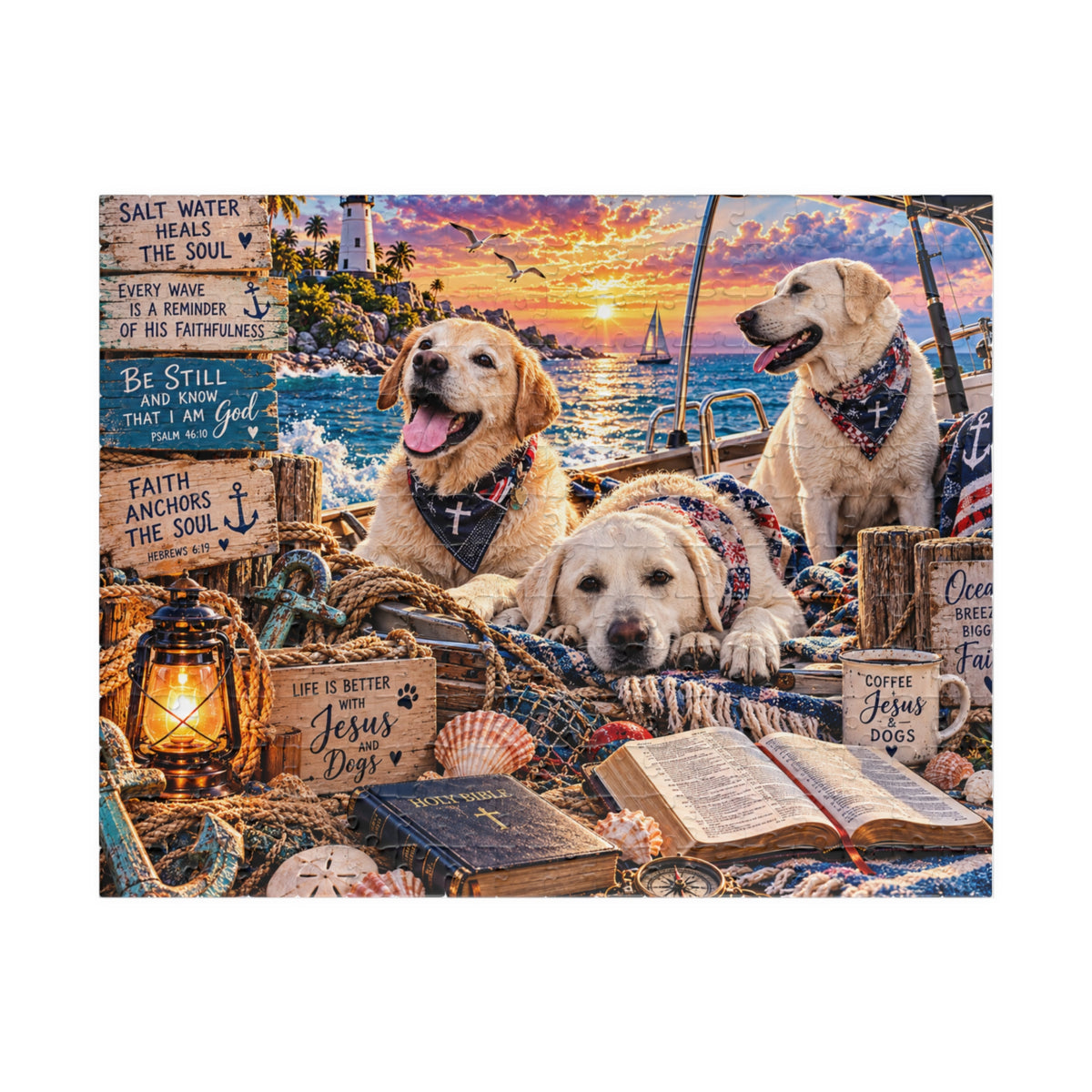 Christian Labrador Retriever jigsaw puzzle featuring three dogs on a boat at sunset with Bible verses, lighthouse, and coastal artwork
