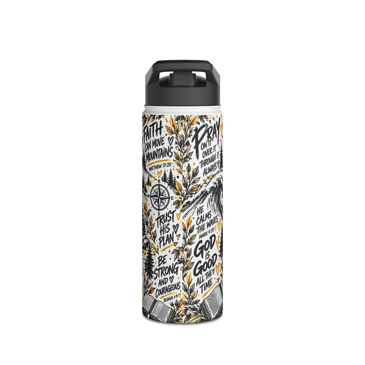 Jesus Christian insulated stainless steel water bottle with bold black, white and gold graffiti artwork, cross, mountains, pine trees and John 14:6 Scripture design.